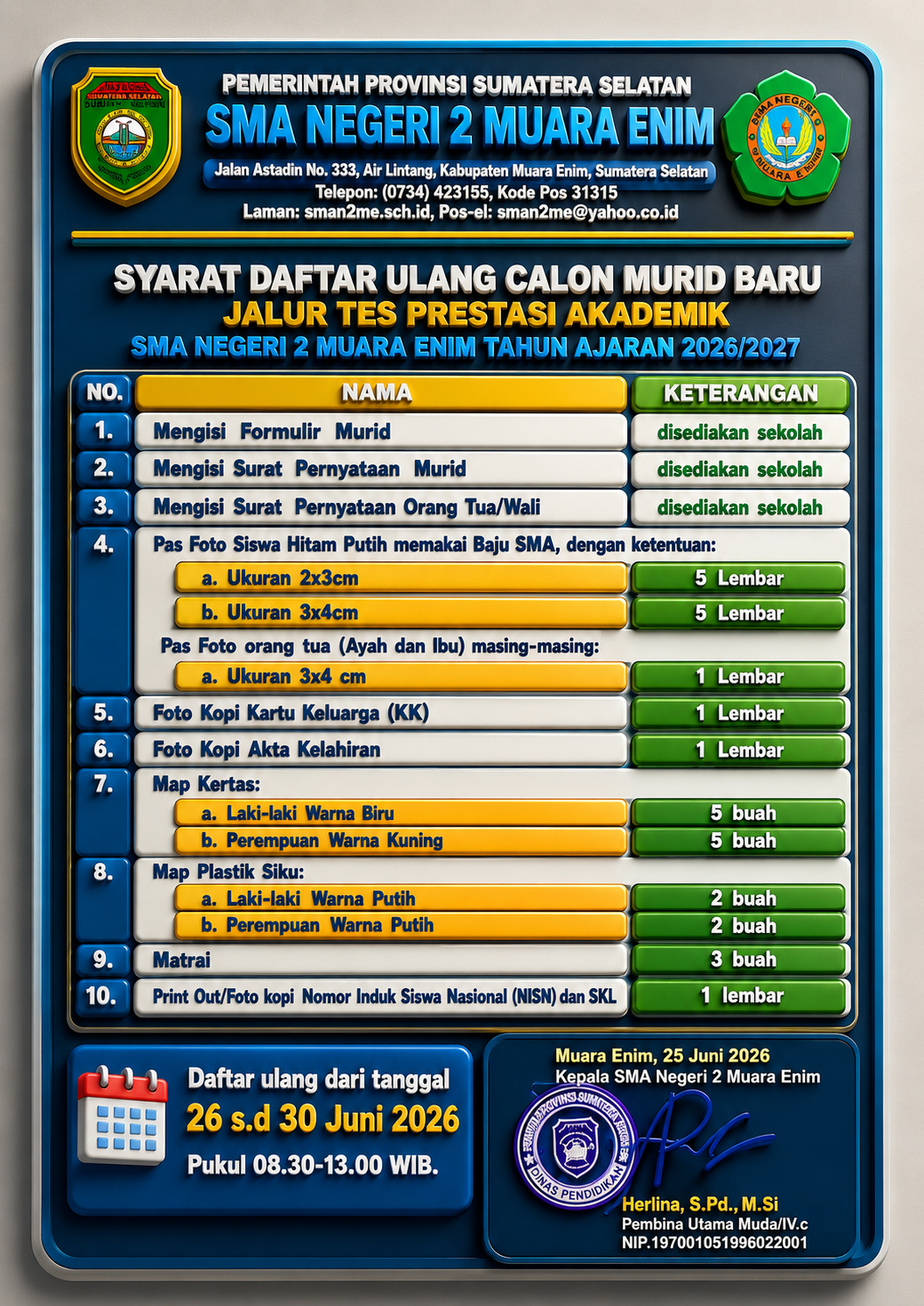 SYARAT DAN JADWAL DAFTAR ULANG CALON MURID BARU